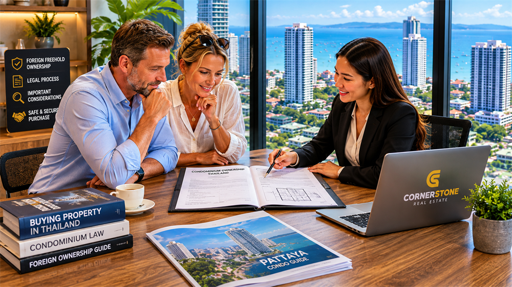 International property buyer reviewing condominium ownership documents and legal requirements for purchasing a condo in Pattaya, Thailand.